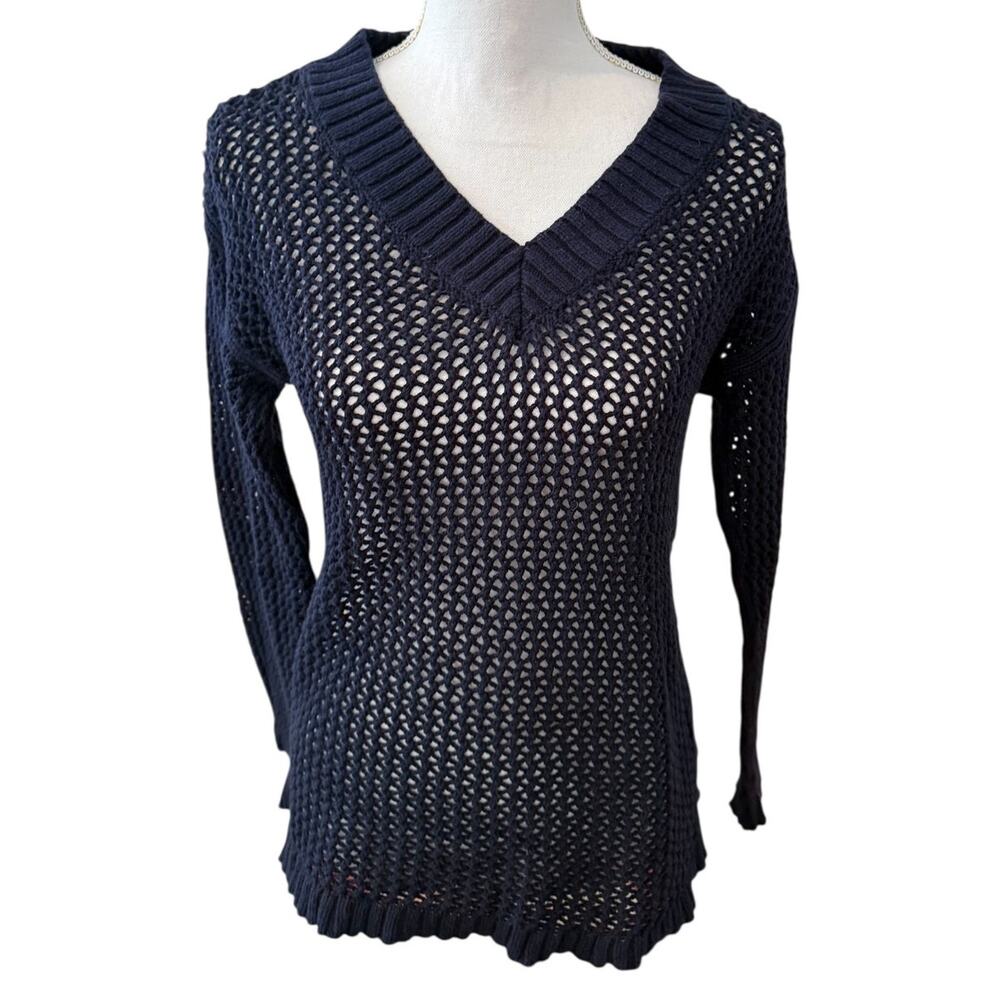 Talbots Fisherman Open Knit Cotton Sweater Navy Blue S